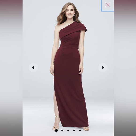 David’s Bridal ruched one-shoulder stretch crepe dress in color Cabernet - Picture 1 of 6